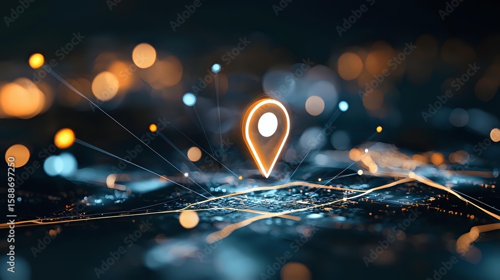 Poster glowing location pin icon floating over digital map with connected network lines and bokeh lights in