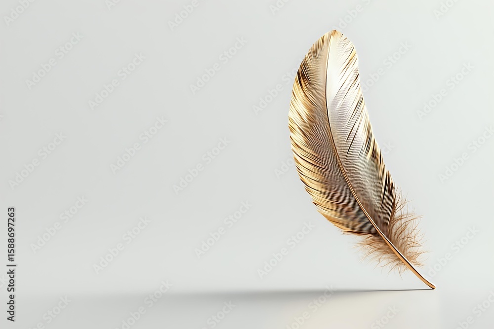 Poster single golden feather with delicate texture and soft shadow on light gray background, isolated objec