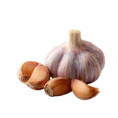 Obraz premium Fresh garlic bulb and cloves on a white isolated background, showcasing the rich textures and natural colors, perfect for culinary or dietary themes.