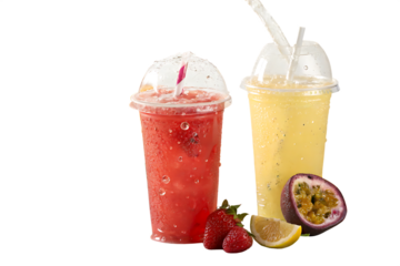 Two clear plastic cups filled with refreshing fruit drinks one red strawberry and one yellow passion fruit with fresh fruit garnish isolated on a transparent background