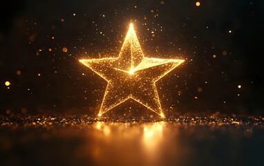 Glowing golden star with sparkling particles and light effects against dark background, creating magical holiday atmosphere for festive designs and celebrations.