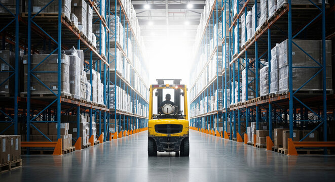 Illustration of yellow forklift, viewed from the front, drives down the central aisle of massive warehouse, its headlights cutting through the bright, sunlit space filled with towering shelves