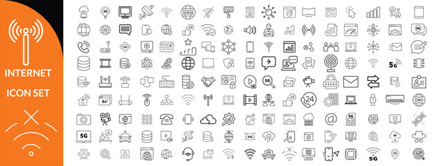 Internet icon set. Outline icons pack. Network related icon set. Contain linear sign network, web, communication, server, connect, connection, computer and more
