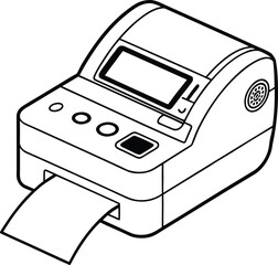 Clean line art displays a thermal receipt printer with a paper outlet