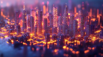 Fototapeta premium Modern cityscape with illuminated skyscrapers at night, glowing orange and purple lights creating dreamy bokeh effect, urban architecture in soft focus for business backgrounds.