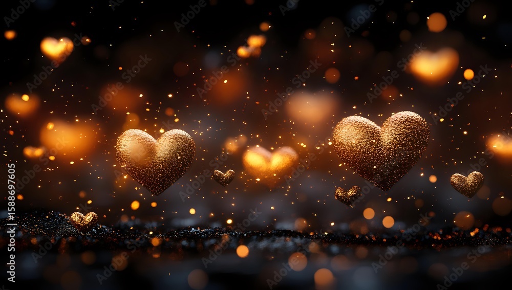 Poster glowing golden heart shapes floating with magical bokeh lights and sparkles against dark background,