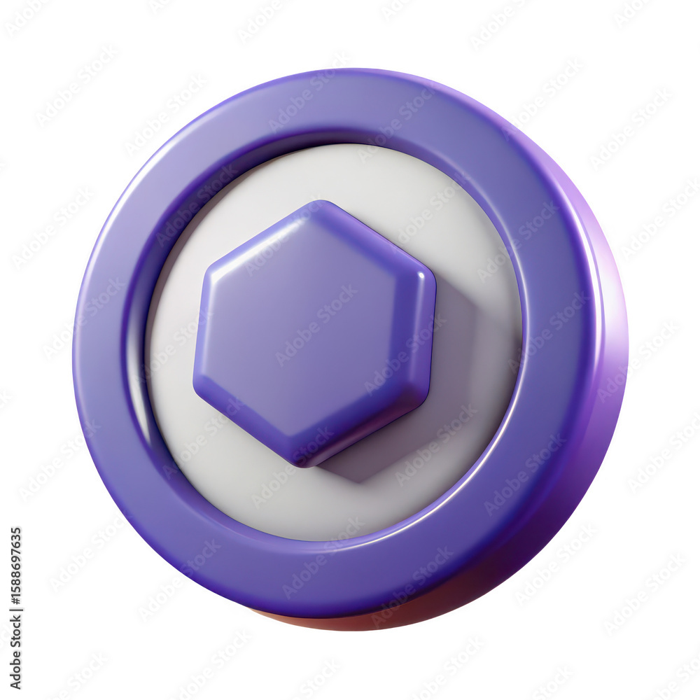 Poster shiny purple hexagonal gemstone encased in a circular frame isolated on transparent background