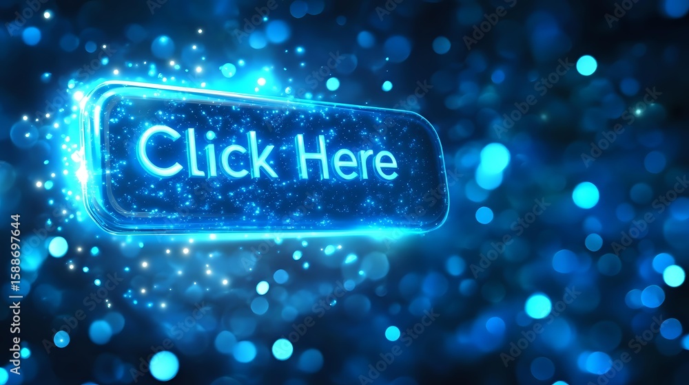 Poster glowing blue neon click here button with sparkles and bokeh effects on dark background, digital call