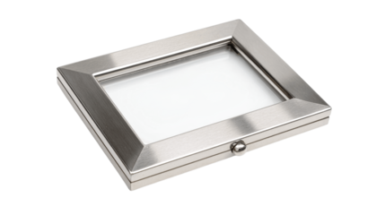 A brushed stainless steel photo frame with airtight closure, white background --ar 16:9