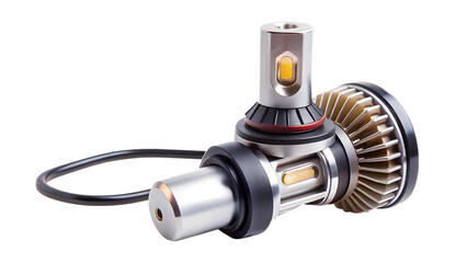 Naklejka premium Two silver and gold L E D headlight bulbs with yellow light elements and cooling fins isolated on a transparent background