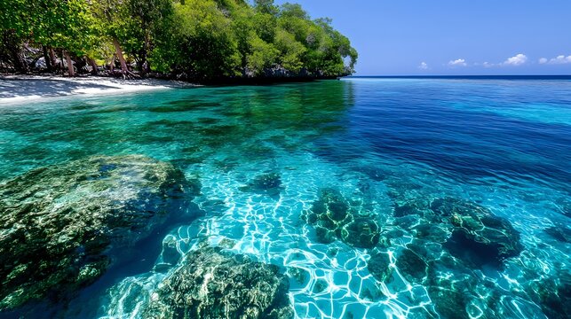 Pristine turquoise waters meet rocky coastline with lush tropical vegetation, crystal clear coral reef visible underwater, tranquil ocean scene under bright blue sky.