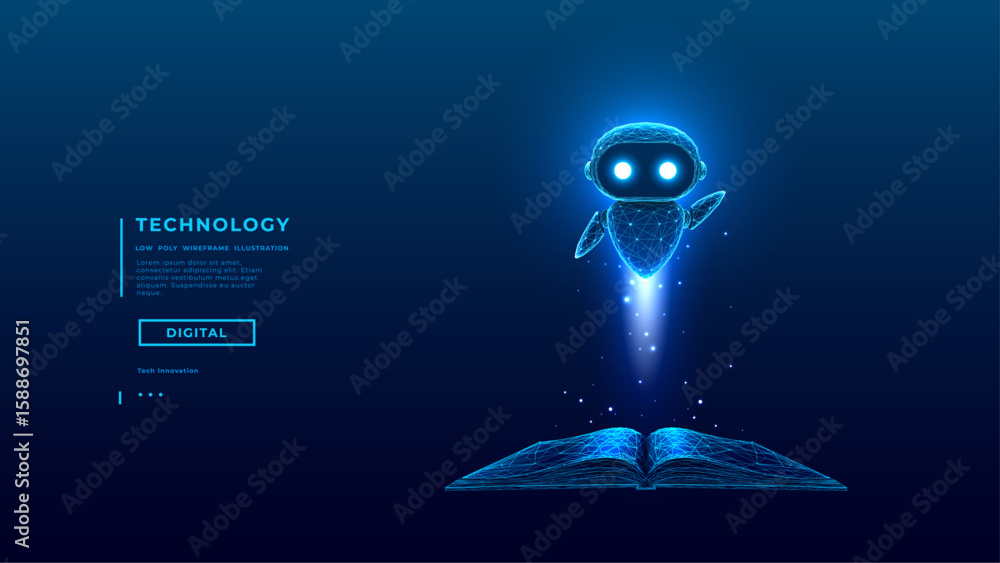 Poster abstract hologram of ai robot fly over opened book. ai agent in low poly wireframe on technology bac
