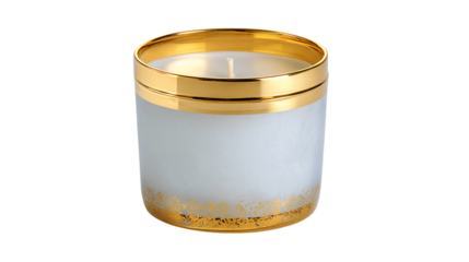 A frosted glass candle jar with gold-trimmed finish, white background --ar 16:9
