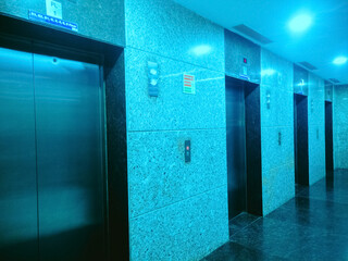 Modern elevator bank in an Indian building, cool-toned lighting, sleek metallic doors, granite...