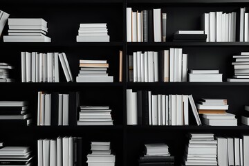 Fototapeta premium White books arranged on black wooden shelves creating minimalist monochrome pattern. Modern library interior with organized literature collection.