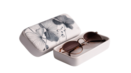 A handcrafted ceramic glasses case highlighting clean silhouettes, white background --ar 16:9