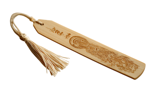 A natural bamboo bookmark with artisanal craftsmanship details, white background --ar 16:9