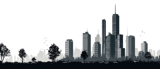 Silhouette of modern skyscrapers and trees in cityscape