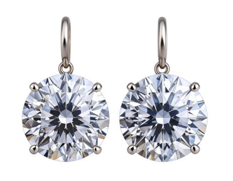 Floating Round Diamond Earrings with Soft Reflection, Top-Down Flat Lay, Transparent Background