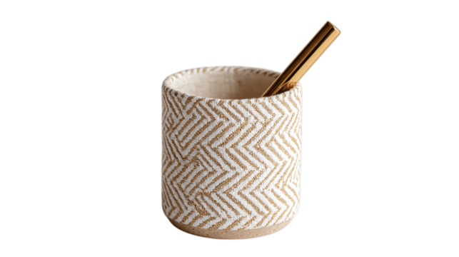 A organic cotton pen holder showcasing a geometric pattern, white background --ar 16:9