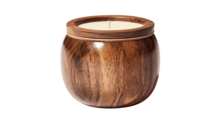 A polished wooden candle jar with airtight closure, white background --ar 16:9