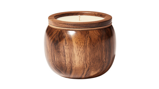 A polished wooden candle jar with airtight closure, white background --ar 16:9