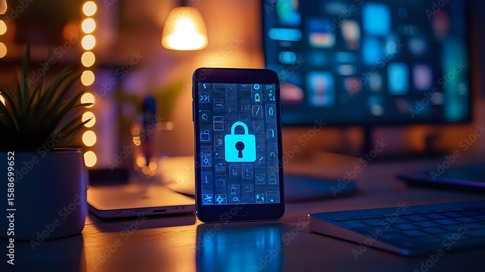Aufkleber smartphone displaying digital security lock icon on screen with laptop and plant in cozy evening wor