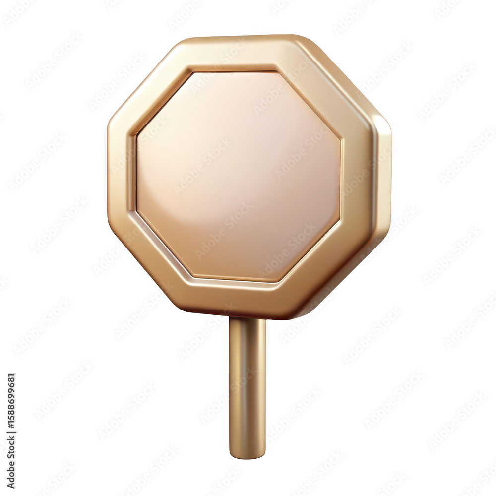 Poster shiny golden octagonal sign on a pole with a blank message area isolated on transparent background