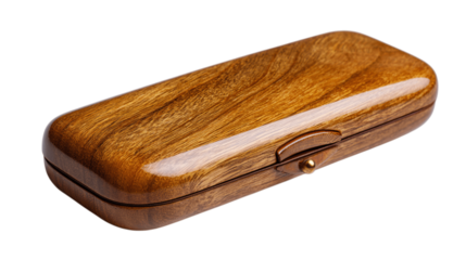 A polished wooden glasses case highlighting clean silhouettes, white background --ar 16:9