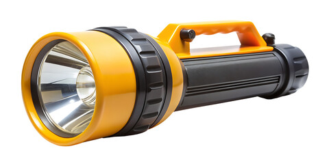 Yellow and black battery operated torch with a reflective lens and carrying handle isolated on a transparent background