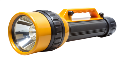 Yellow and black battery operated torch with a reflective lens and carrying handle isolated on a transparent background