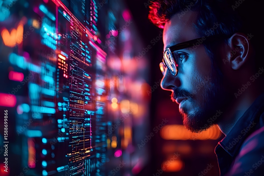 Poster caucasian male programmer in glasses looking at glowing computer code display with neon pink and blu