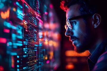 Caucasian male programmer in glasses looking at glowing computer code display with neon pink and blue cyberpunk lighting effects creating futuristic atmosphere.