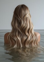 Naklejka premium Back view of long wavy blonde hair on woman bathing in water, highlighting natural beachy waves and balayage coloring for hair salon advertising.