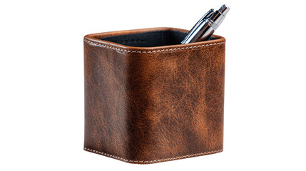 A premium vegan leather pen holder featuring rounded modern edges, white background --ar 16:9