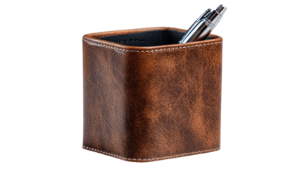 A premium vegan leather pen holder featuring rounded modern edges, white background --ar 16:9