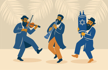 Jewish people dancing Hasidic dance celebrating Jewish holiday Sukkot and Simchat torah. People dressed in traditional Jewish clothes.