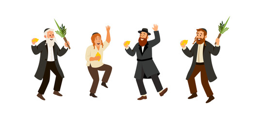 Jewish people dancing Hasidic dance celebrating Sukkot and Simchat Beit HaShoeivah orthodox Jewish holidays. People dressed in traditional Jewish clothes holding four species of Sukkot, Etrog, Lulav, 