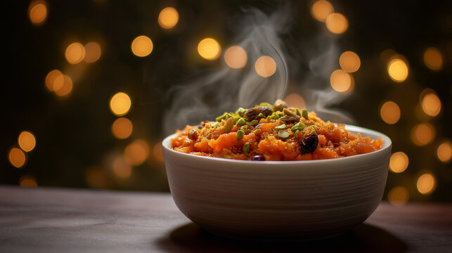Rustic white ceramic bowl filled with steaming gajar ka halwa topped with pistachios and raisins