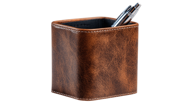 A premium vegan leather pen holder featuring rounded modern edges, white background --ar 16:9