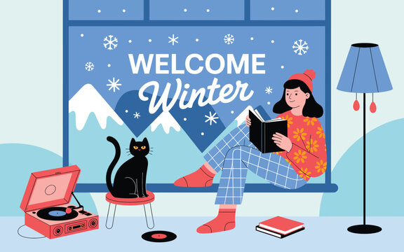 Adobe Illustrator winter scene: reader seated on windowsill in floral sweater and checkered pants, black cat by red retro record player, &lsquo;WELCOME Winter&rsquo; snowflake window display, soft blue tones.&rdquo;

