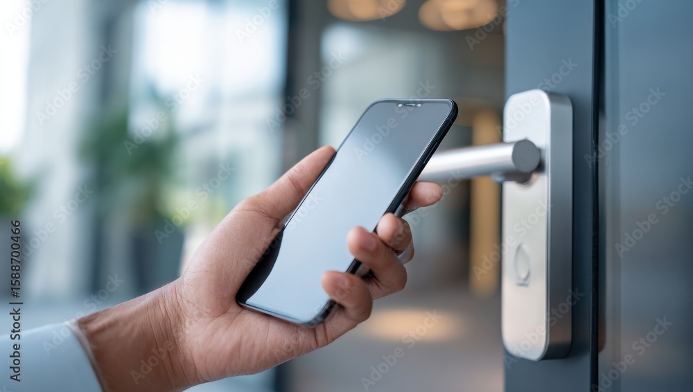 Poster unlocking the future with a smartphone, a hand effortlessly uses a digital key to access a modern bu