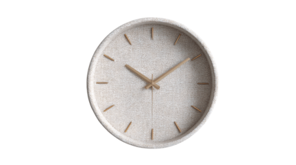 A textured linen desktop clock with minimal design aesthetics, white background --ar 16:9