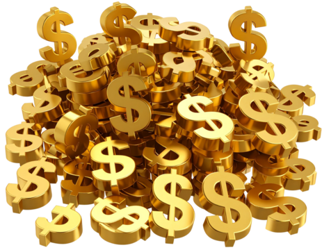 Stacked Gold Dollar Signs, Isometric View with Shadows, Transparent Background