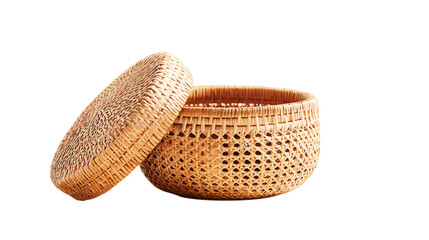 A woven rattan makeup container designed with sustainability in mind, white background --ar 16:9