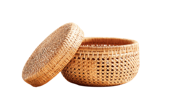 A woven rattan makeup container designed with sustainability in mind, white background --ar 16:9