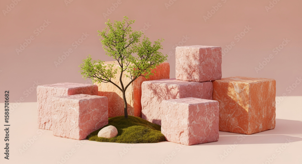Fototapete abstract composition featuring textured pink blocks a small tree and green ground against peach colo