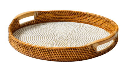 A woven rattan serving tray featuring a dual-tone glaze, white background --ar 16:9