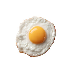 Fried egg on a white isolated background, showcasing a sunny side up with a rich yellow yolk and white fluffy edges, ideal for breakfast or cooking themed content.