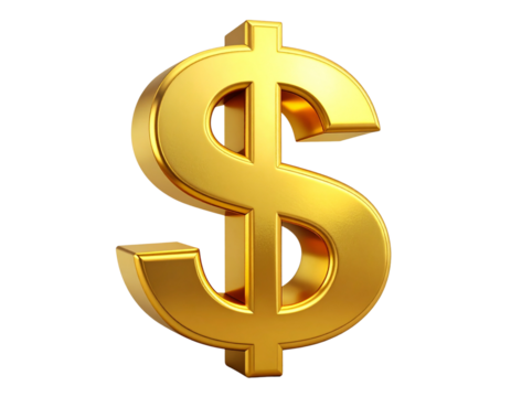 3D Gold Dollar Symbol Upright, Centered Front View, Reflective Shine, Isolated